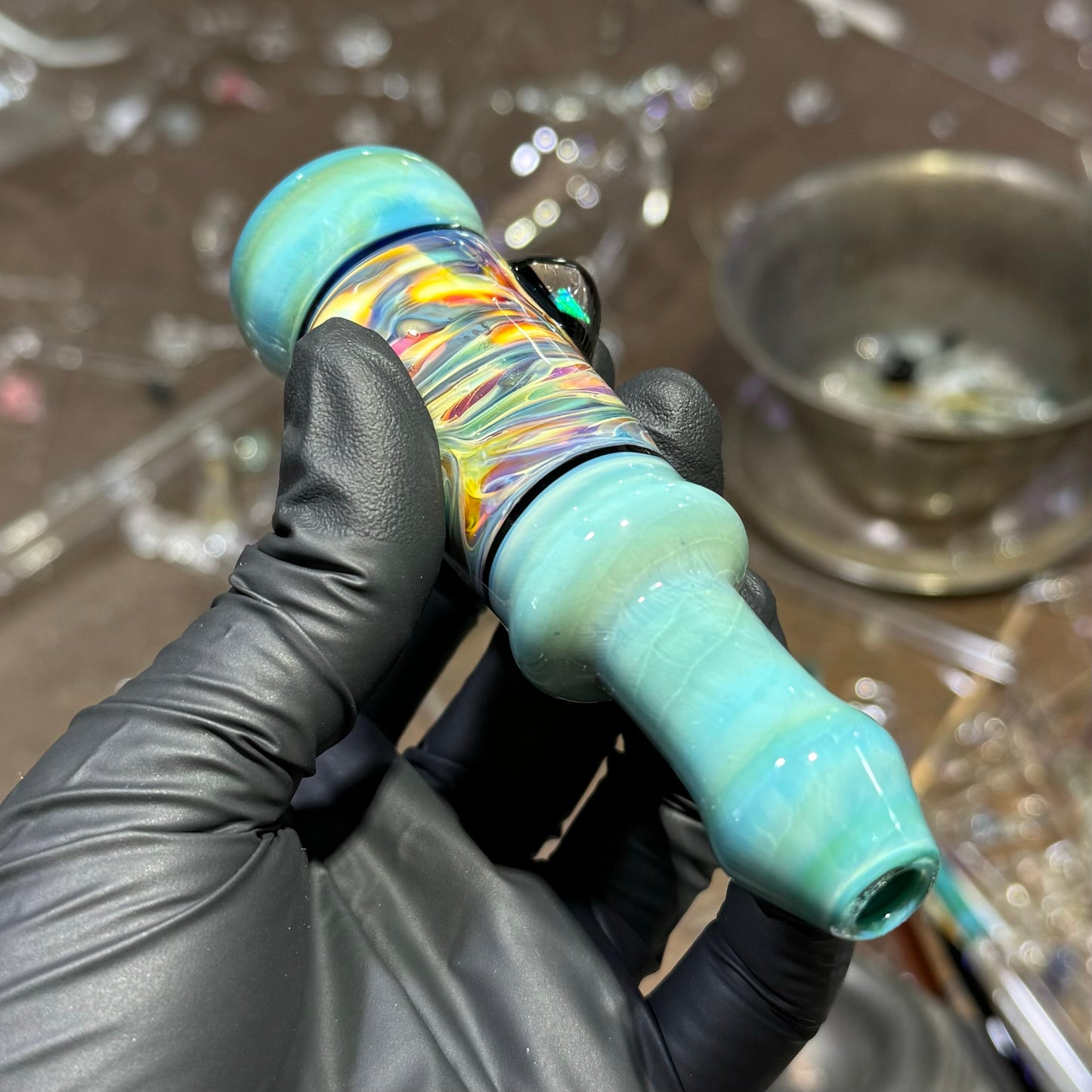 Blue and Tie Dye Chillum w/ Opal