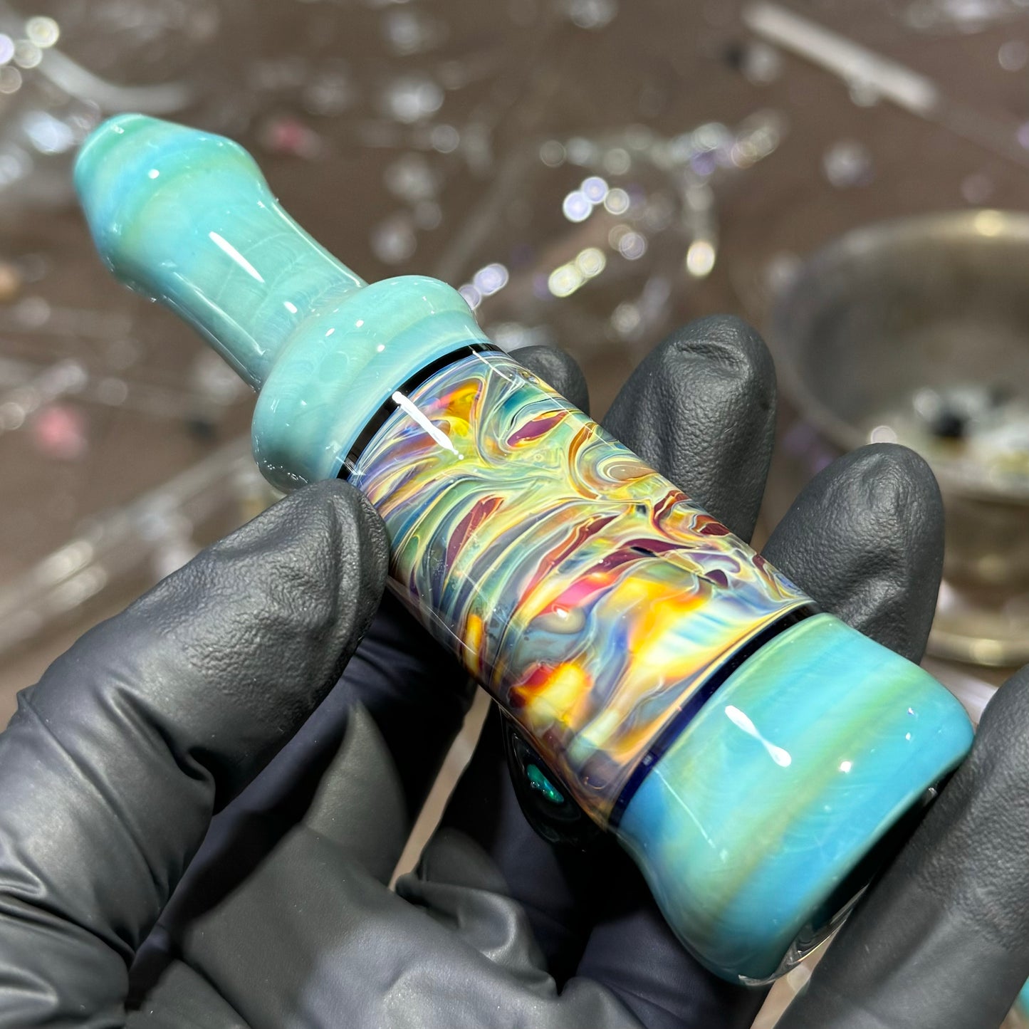 Blue and Tie Dye Chillum w/ Opal